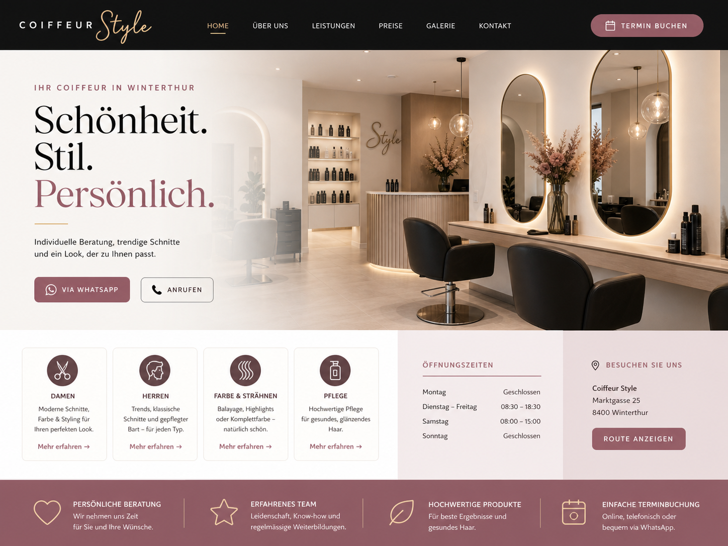 Moderner Coiffeur-Webseitenentwurf mit Salon, Services und Kontaktbereich